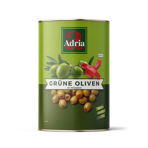 Oliven, grün, gefüllt mit Paprikapaste, 26/29
